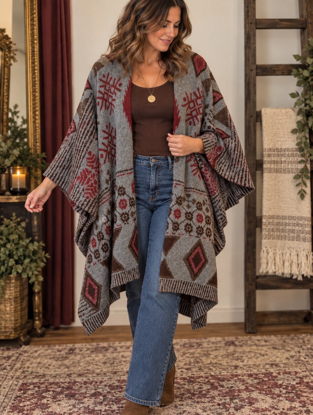 Cozy Oversized Boho Kimono Cardigan Aztec Burgundy Gray Fall - Picture 1 of 7